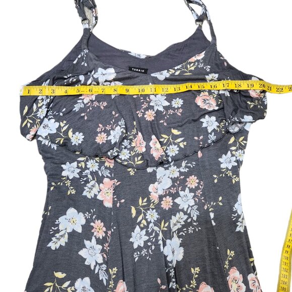 Torri Breezy Grey Floral Flowy Stretch Lined ruffle Mini Dress Plus Size 00 - Picture 6 of 7